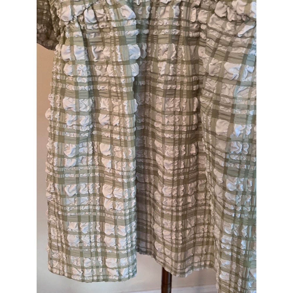 NWT Entro Sage Green Plaid Seersucker Puff Sleeve Babydoll Top V-Neck Large - Picture 6 of 7